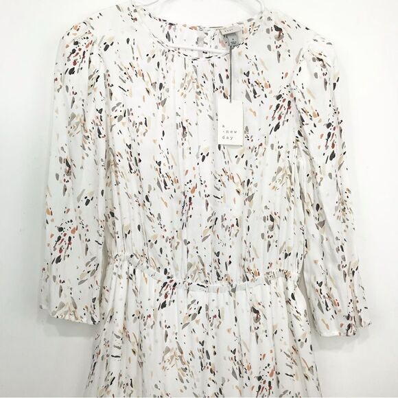 A New Day White Earth Tone Splatter Print Long Sleeve Ruffle Hem Dress NEW - Picture 4 of 16